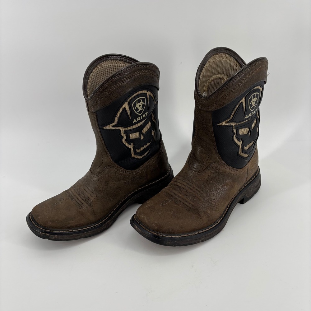 Ariat Roughstock Western Boots Kids Size 1 Brown Skull Graphic Square Toe